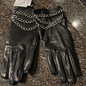 Chic Black Leather Gloves with Silver Chain Accent